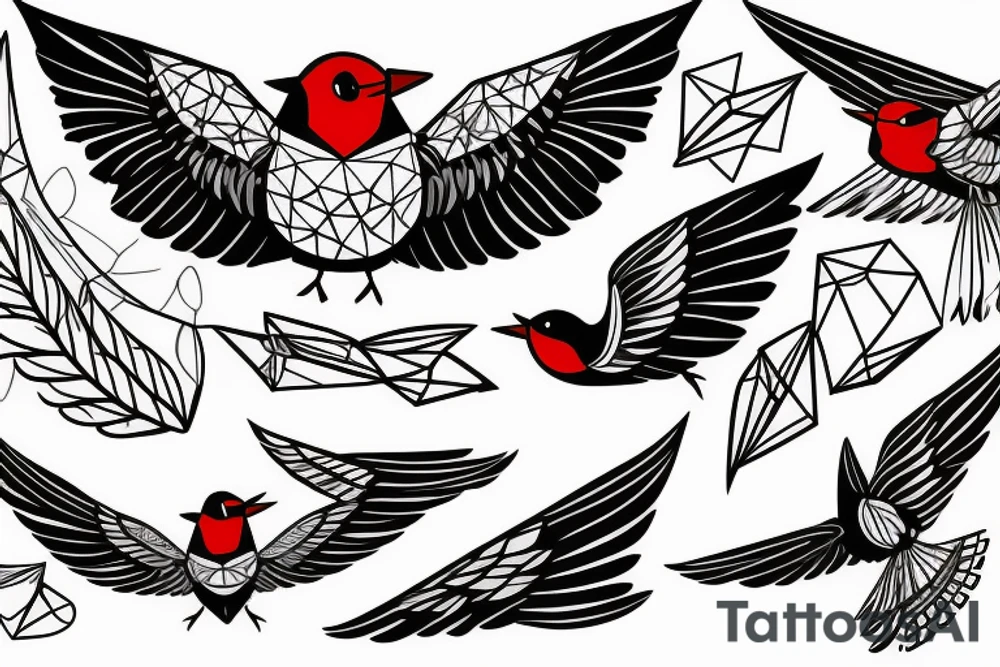 sketch geometric style robin bird mid-flight with spread wings, dynamic, small amount of red accent tattoo idea