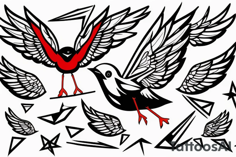 sketch geometric style robin bird mid-flight with spread wings, dynamic, small amount of red accent tattoo idea