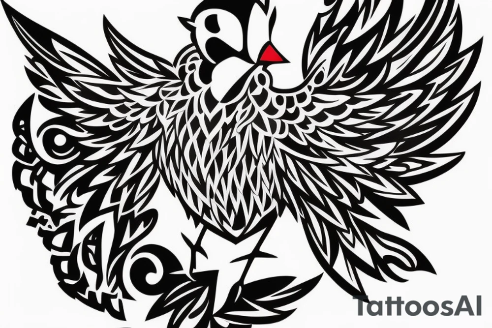 sketch geometric style robin bird mid-flight with spread wings, dynamic, small amount of red accent tattoo idea