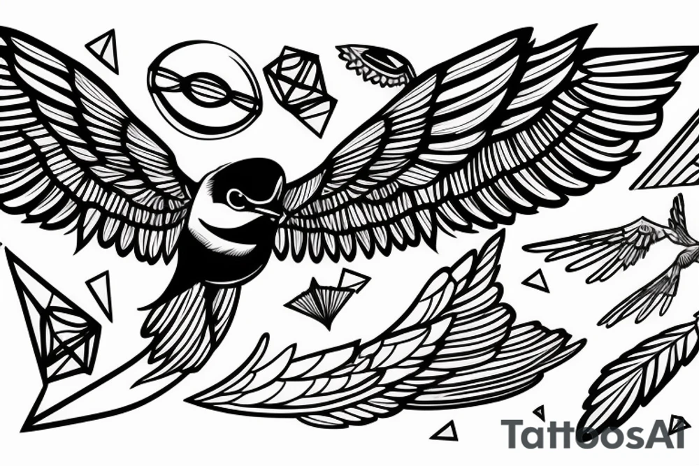 sketch geometric style robin bird mid-flight with spread wings, dynamic, small amount of red accent tattoo idea