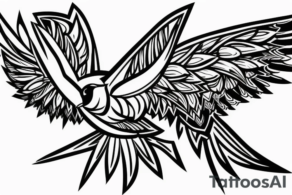 sketch geometric style robin bird mid-flight with spread wings, dynamic, small amount of red accent tattoo idea