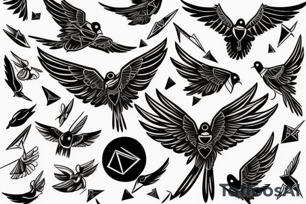 sketch geometric style robin bird mid-flight with spread wings, dynamic, small amount of red accent tattoo idea