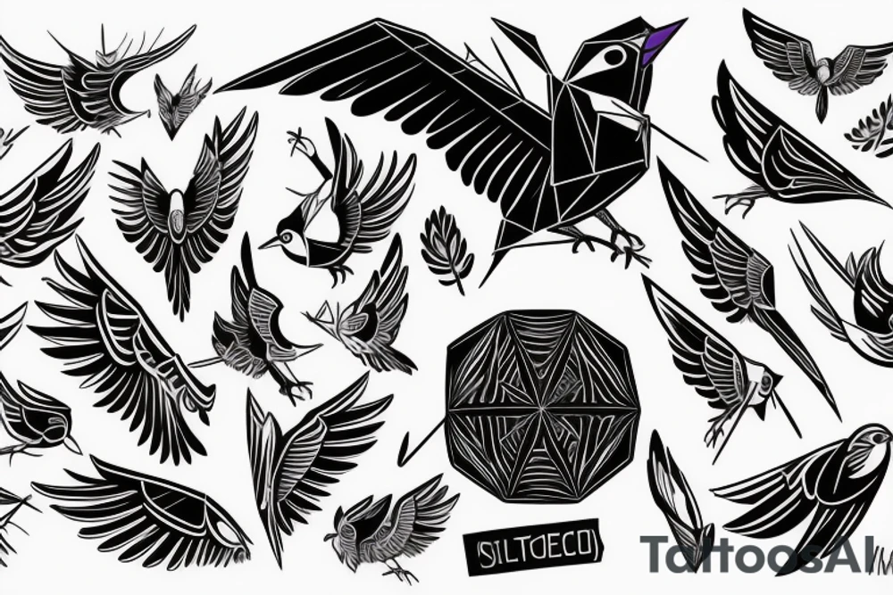 sketch geometric style robin bird mid-flight with spread wings, dynamic, small amount of red accent tattoo idea