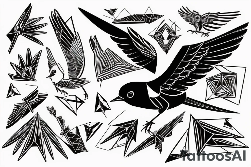 sketch geometric style robin bird mid-flight with spread wings, dynamic, small amount of red accent tattoo idea