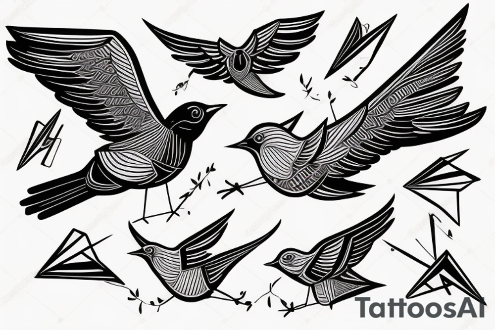 sketch geometric style robin bird mid-flight with spread wings, dynamic, small amount of red accent tattoo idea