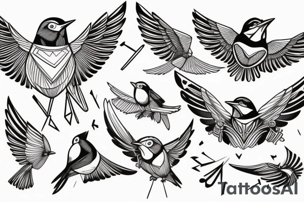 sketch geometric style robin bird mid-flight with spread wings, dynamic, small amount of red accent tattoo idea