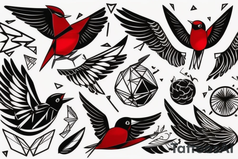 sketch geometric style robin bird mid-flight with spread wings, dynamic, small amount of red accent tattoo idea