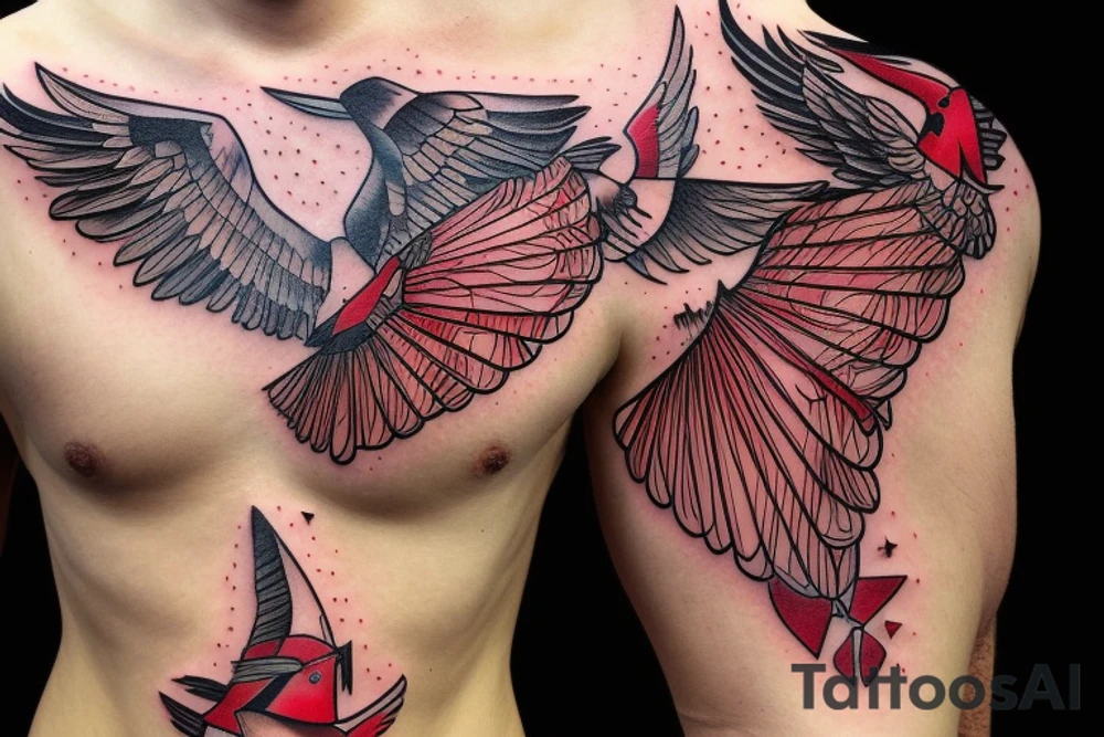 sketch geometric style robin bird mid-flight with spread wings, dynamic, small amount of red accent tattoo idea