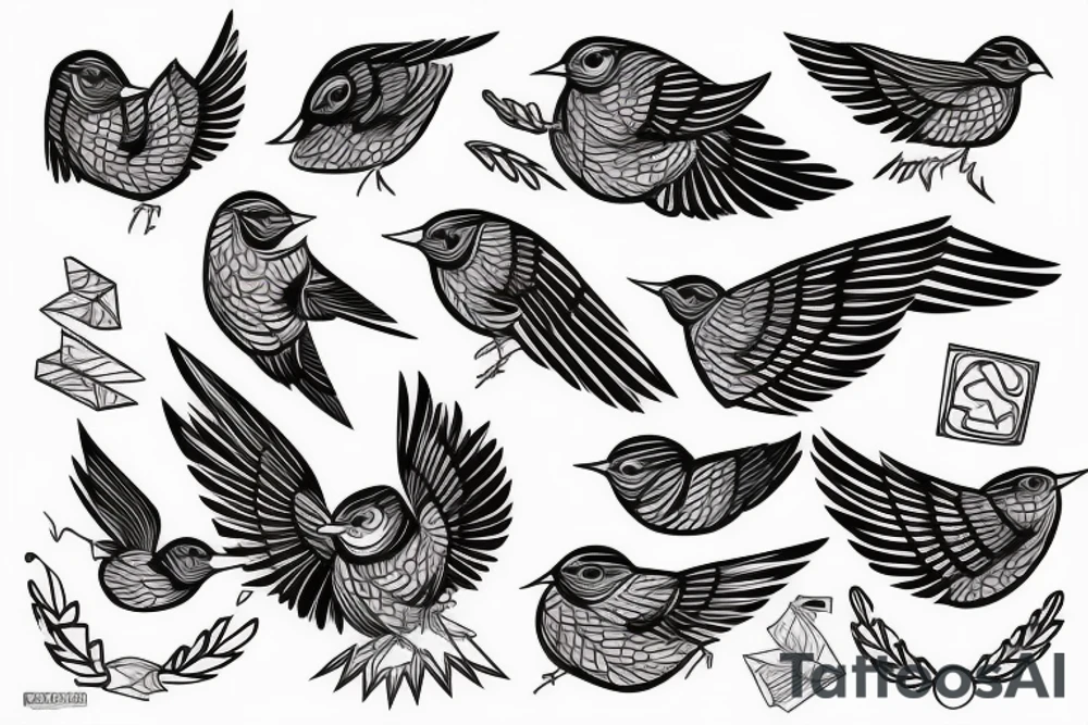 sketch geometric style robin bird mid-flight with spread wings, dynamic, small amount of red accent tattoo idea
