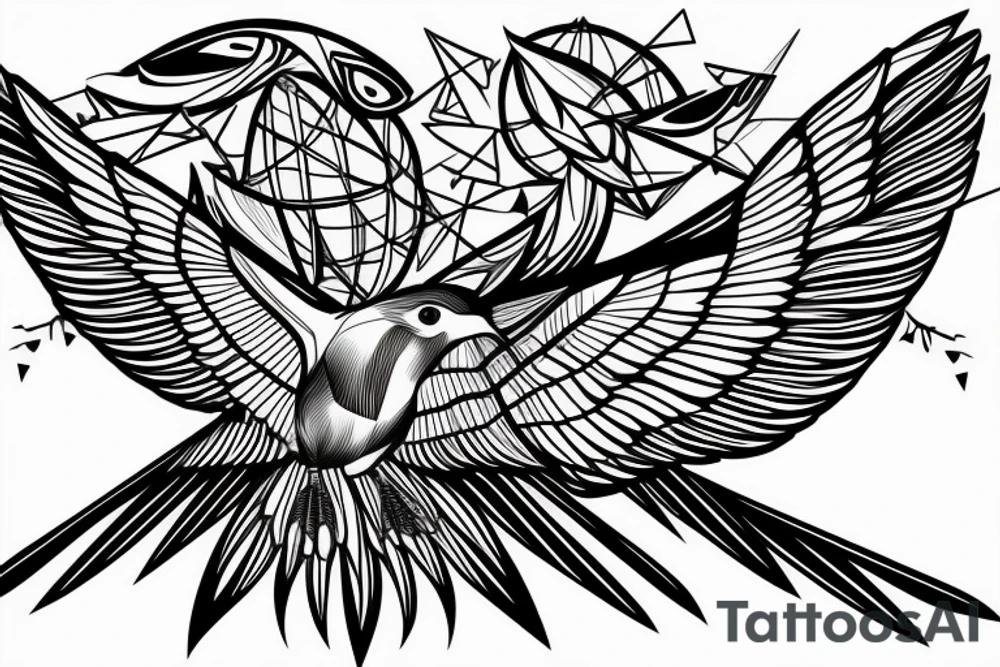 sketch geometric style robin bird mid-flight with spread wings, dynamic, small amount of red accent tattoo idea