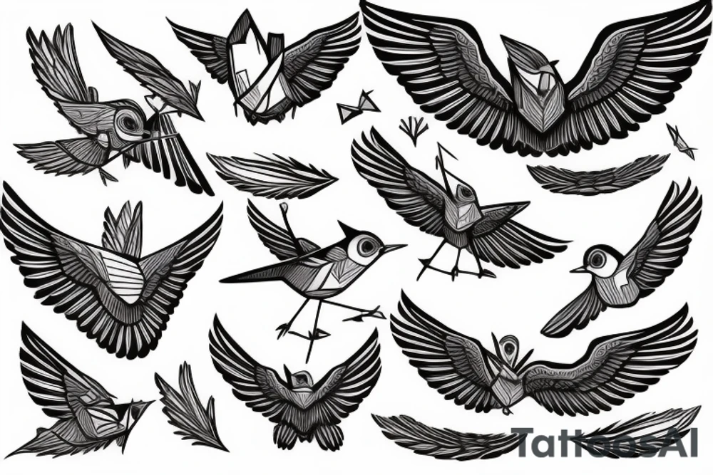 sketch geometric style robin bird mid-flight with spread wings, dynamic, small amount of red accent tattoo idea