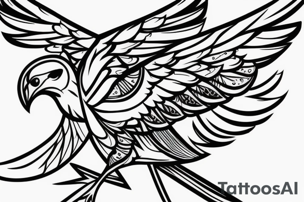 sketch geometric style robin bird mid-flight with spread wings, dynamic, small amount of red accent tattoo idea