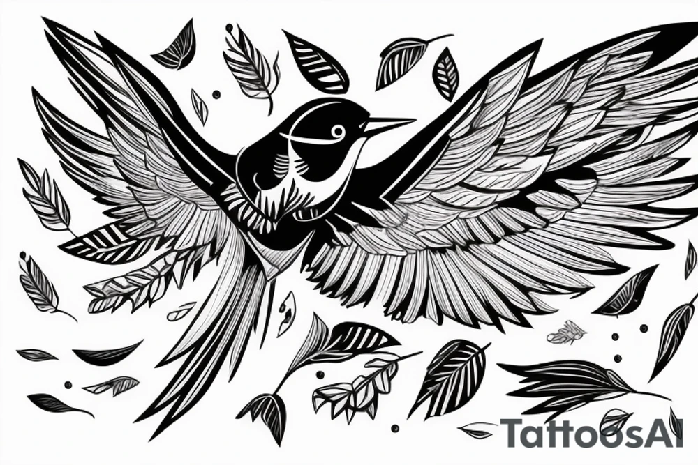 sketch geometric style robin bird mid-flight with spread wings, dynamic, small amount of red accent tattoo idea