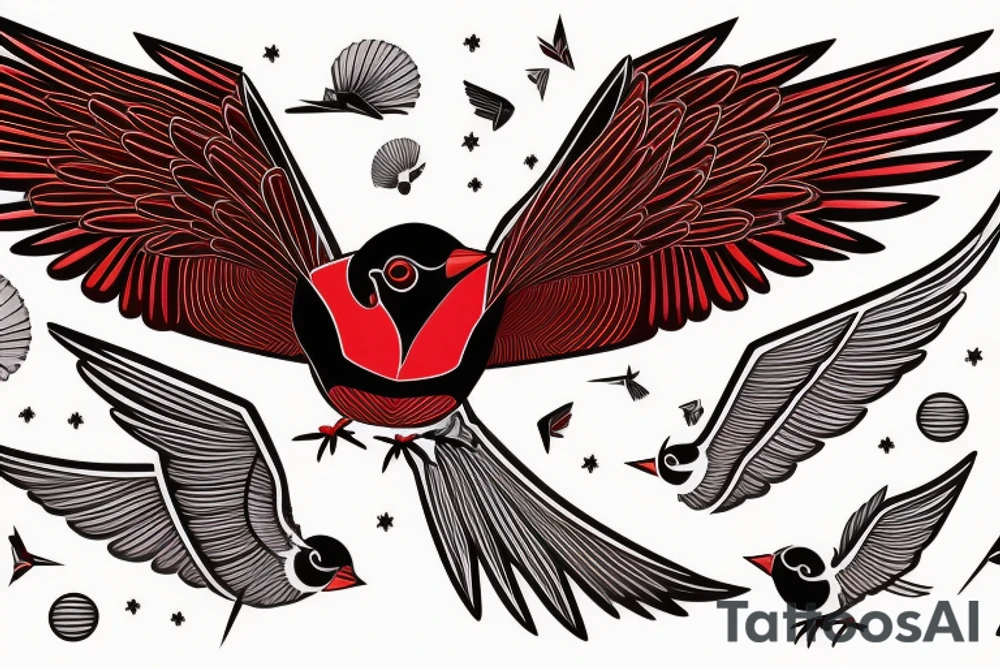 sketch geometric style robin bird mid-flight with spread wings, dynamic, small amount of red accent tattoo idea