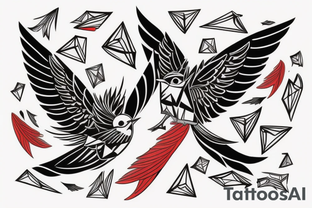 sketch geometric style robin bird mid-flight with spread wings, dynamic, small amount of red accent tattoo idea