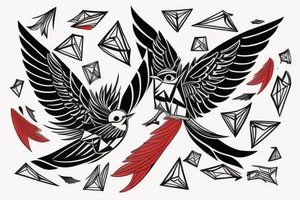 sketch geometric style robin bird mid-flight with spread wings, dynamic, small amount of red accent tattoo idea