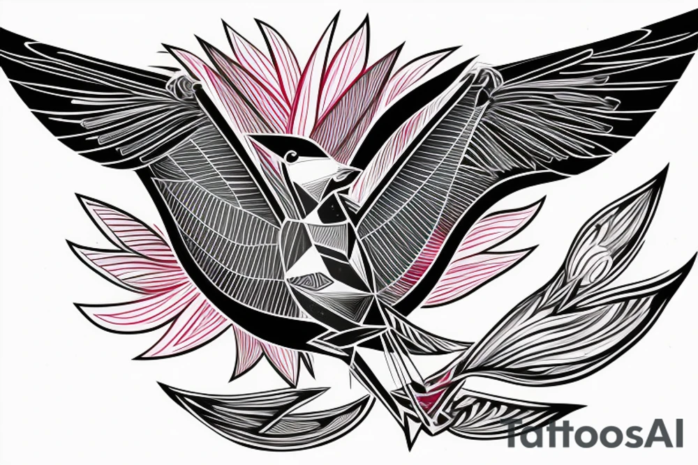sketch geometric absract style robin bird mid-flight with spread wings, dynamic, small amount of red accent tattoo idea