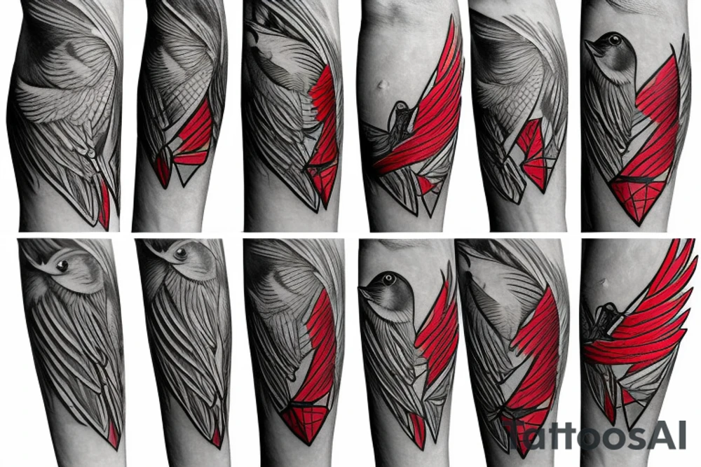 sketch geometric absract style robin bird mid-flight with spread wings, dynamic, small amount of red accent tattoo idea