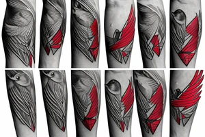 sketch geometric absract style robin bird mid-flight with spread wings, dynamic, small amount of red accent tattoo idea