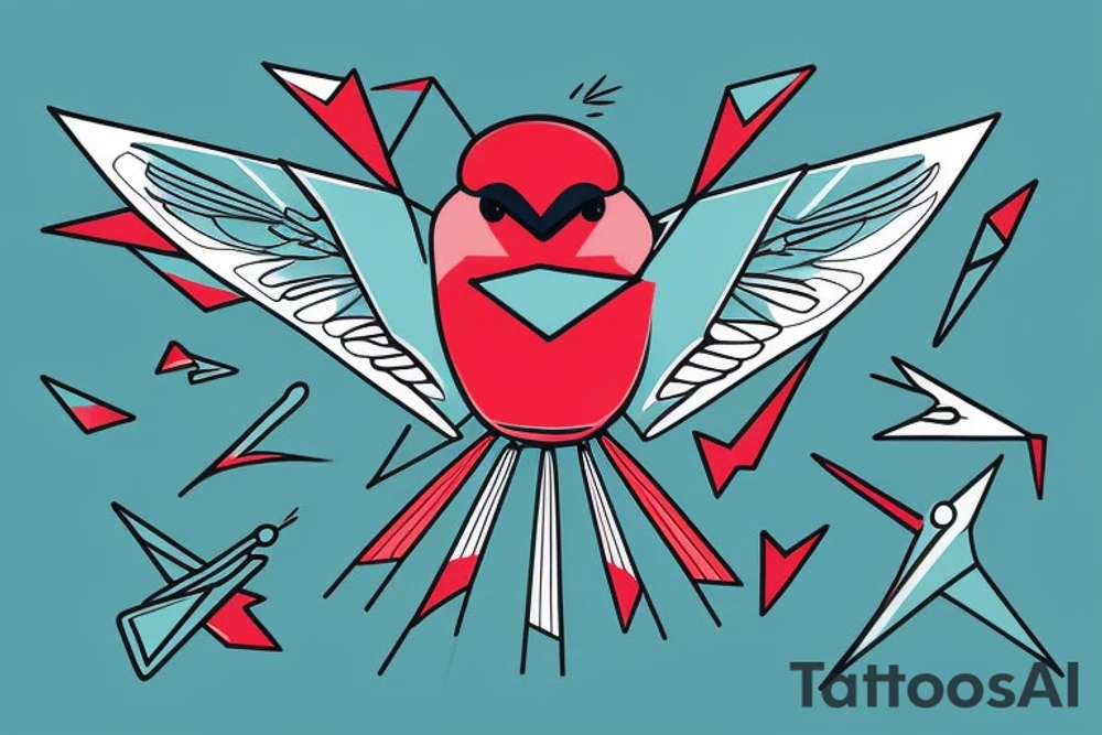 sketch geometric abstract style robin bird mid-flight with spread wings, dynamic, small amount of red accent tattoo idea