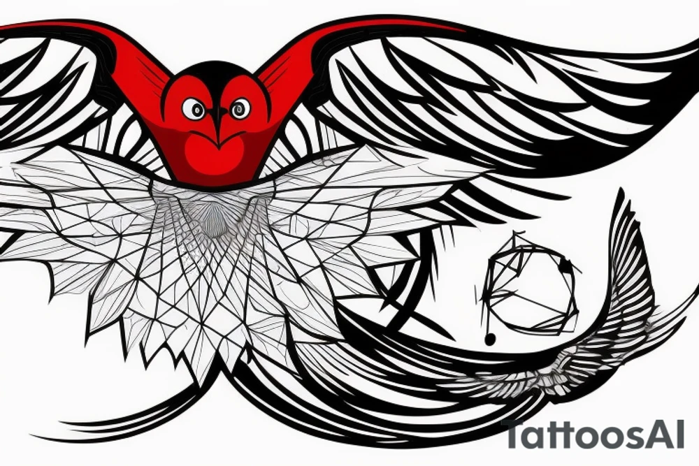 sketch geometric abstract style robin bird mid-flight with spread wings, dynamic, small amount of red accent tattoo idea