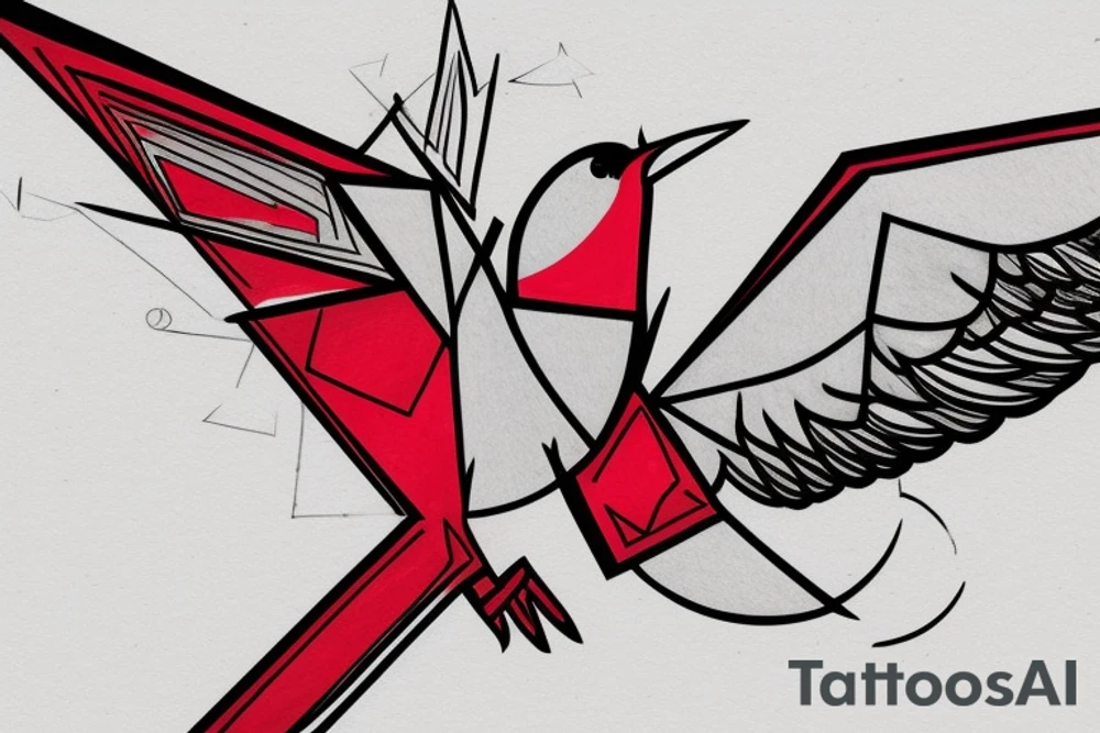 sketch geometric abstract style robin bird mid-flight with spread wings, dynamic, small amount of red accent tattoo idea