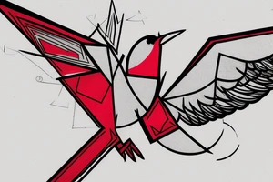 sketch geometric abstract style robin bird mid-flight with spread wings, dynamic, small amount of red accent tattoo idea