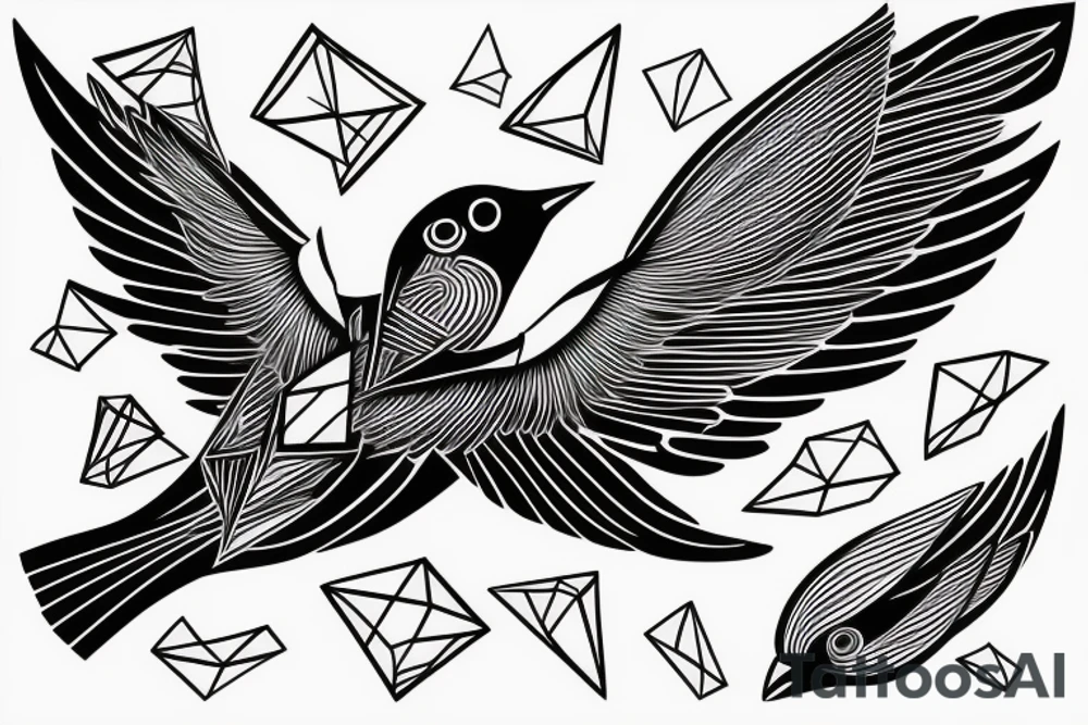 sketch geometric abstract style robin bird mid-flight with spread wings, dynamic, small amount of red accent tattoo idea