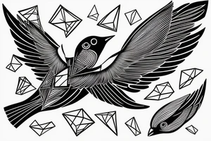 sketch geometric abstract style robin bird mid-flight with spread wings, dynamic, small amount of red accent tattoo idea