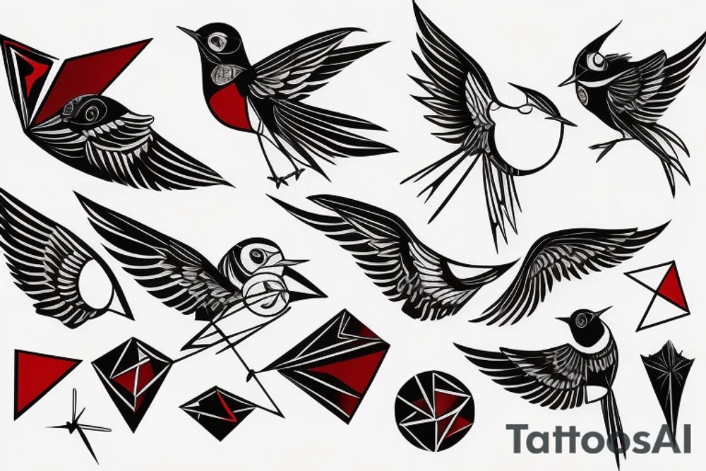 sketch geometric abstract style robin bird mid-flight with spread wings, dynamic, small amount of red accent tattoo idea