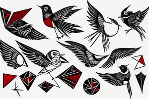 sketch geometric abstract style robin bird mid-flight with spread wings, dynamic, small amount of red accent tattoo idea