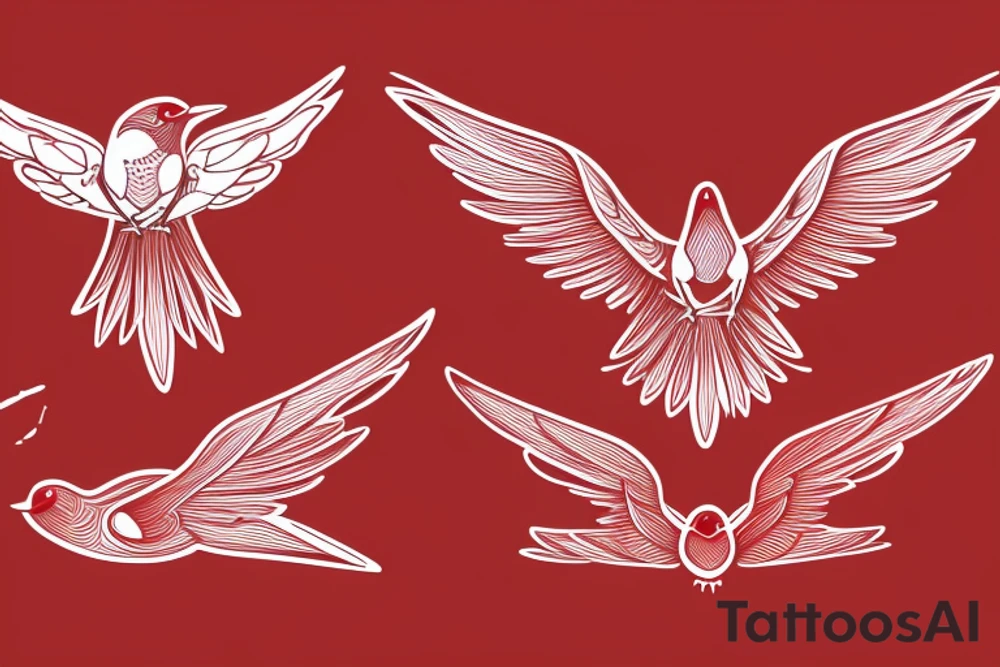 sketch geometric abstract style robin bird mid-flight with spread wings, dynamic, small amount of red accent tattoo idea