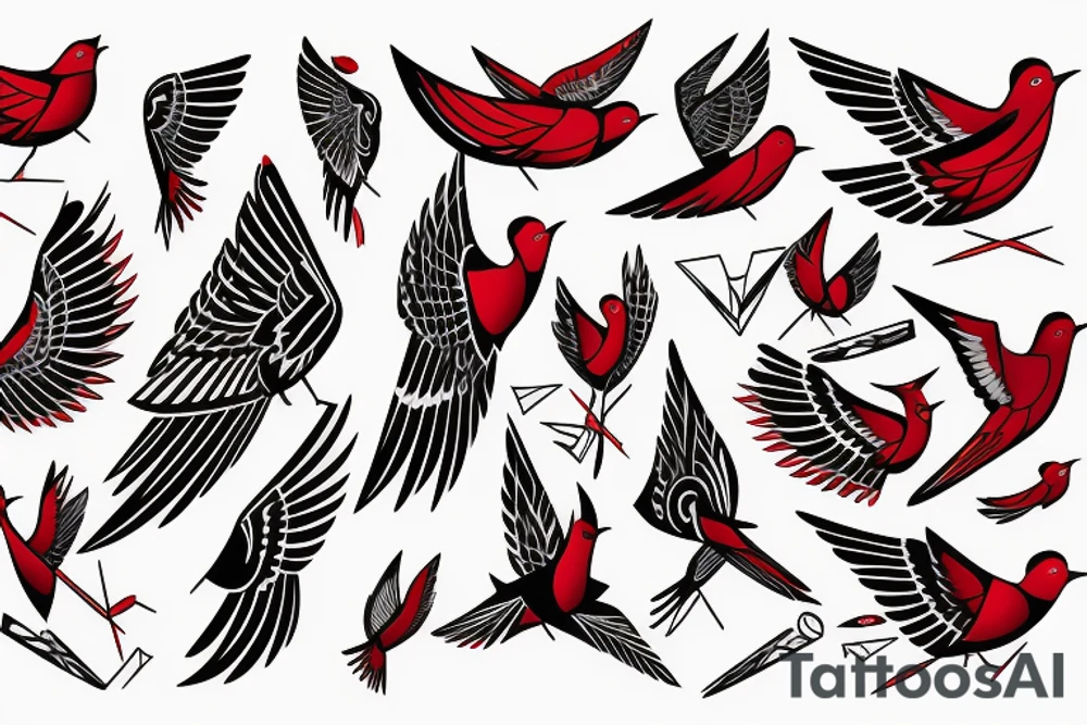 sketch geometric abstract style robin bird mid-flight with spread wings, dynamic, small amount of red accent tattoo idea