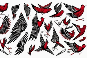 sketch geometric abstract style robin bird mid-flight with spread wings, dynamic, small amount of red accent tattoo idea