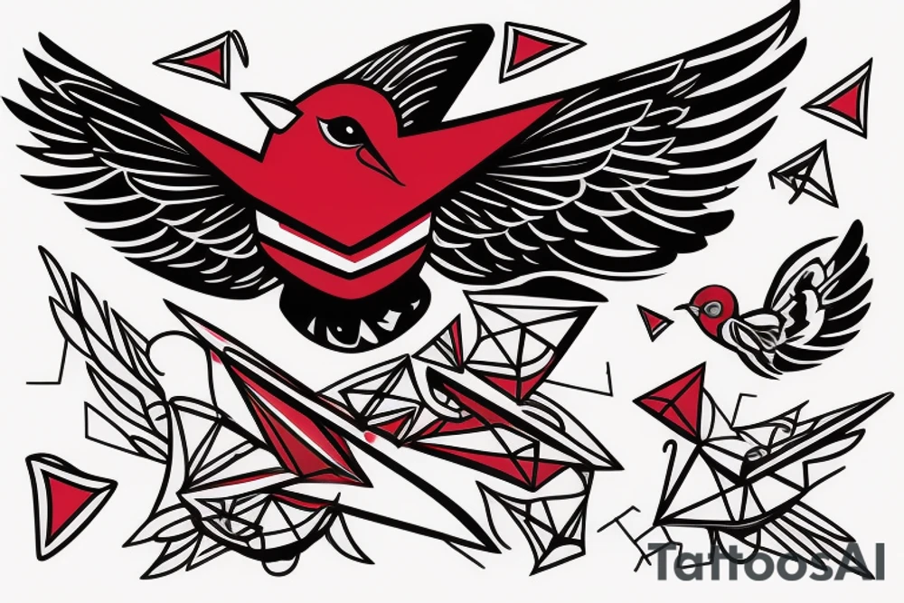 sketch geometric abstract style robin bird mid-flight with spread wings, dynamic, small amount of red accent tattoo idea