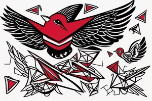 sketch geometric abstract style robin bird mid-flight with spread wings, dynamic, small amount of red accent tattoo idea