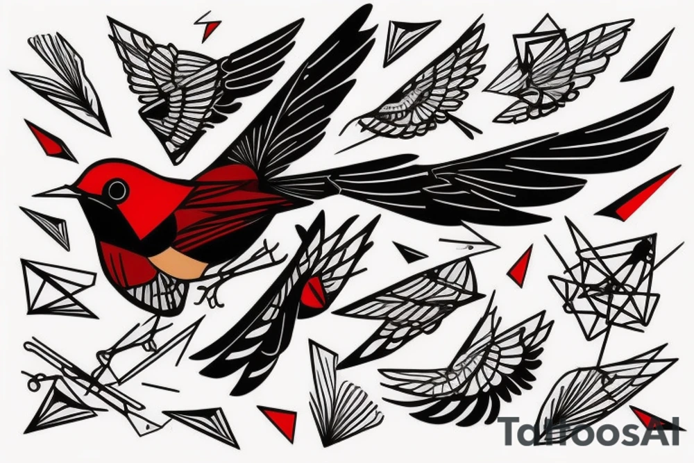 sketch geometric abstract style robin bird mid-flight with spread wings, dynamic, small amount of red accent tattoo idea