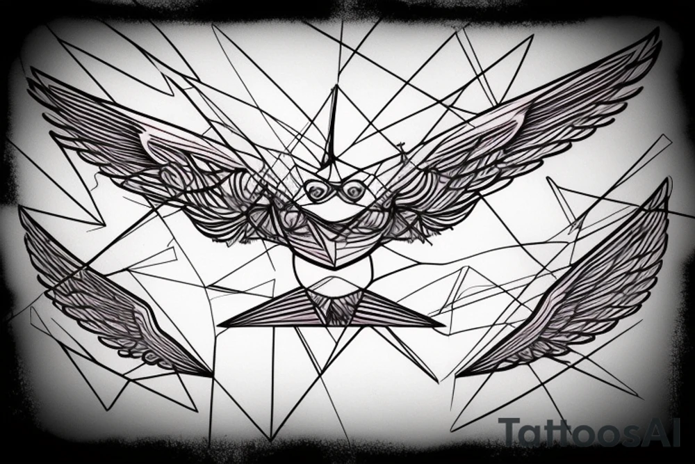 sketch geometric abstract style robin bird mid-flight with spread wings, dynamic, small amount of red accent tattoo idea