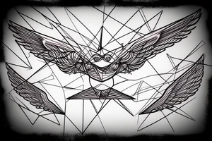 sketch geometric abstract style robin bird mid-flight with spread wings, dynamic, small amount of red accent tattoo idea