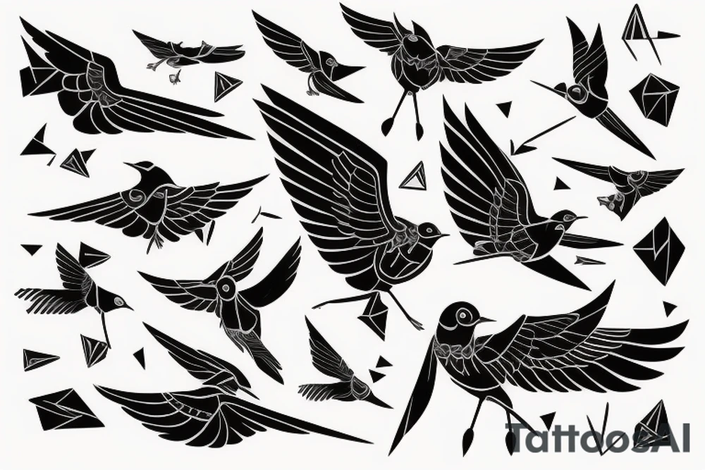 sketch geometric abstract style robin bird mid-flight with spread wings, dynamic, small amount of red accent tattoo idea