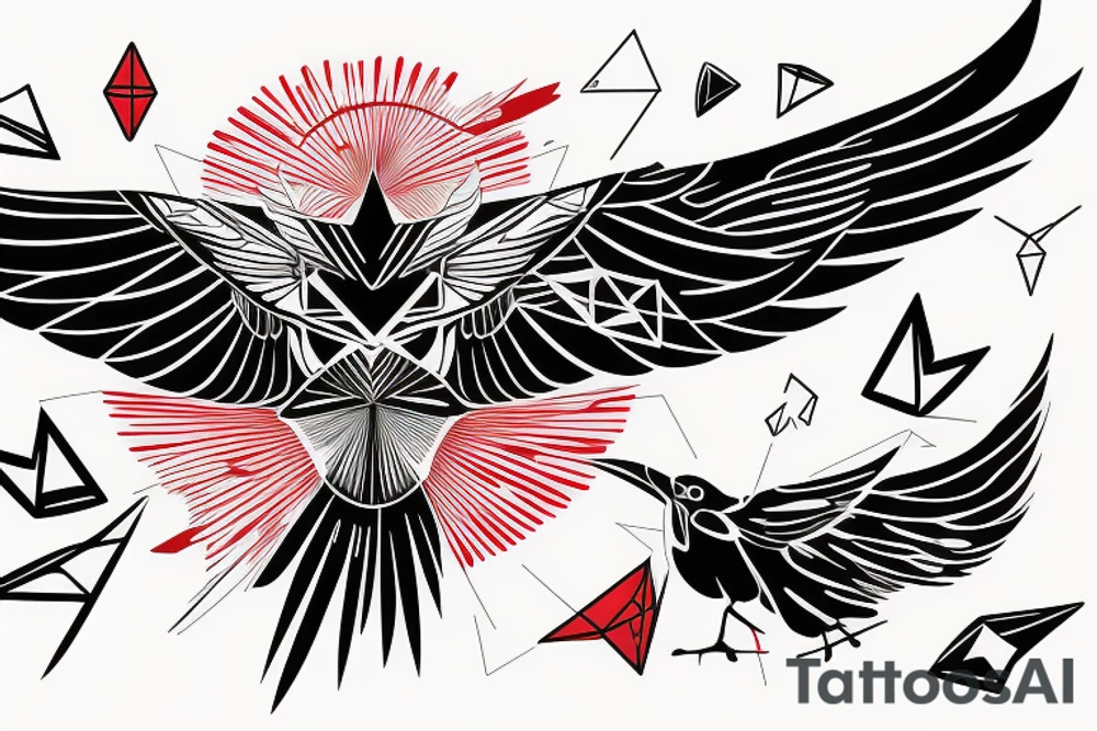 sketch geometric abstract style robin bird mid-flight with spread wings, dynamic, small amount of red accent tattoo idea
