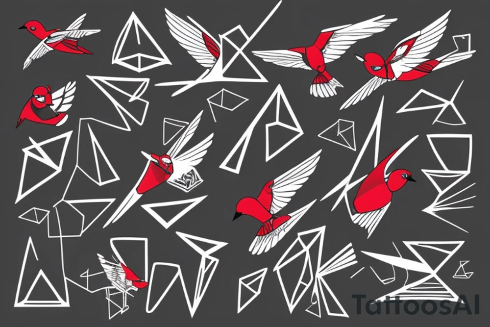 sketch geometric abstract style robin bird mid-flight with spread wings, dynamic, small amount of red accent tattoo idea