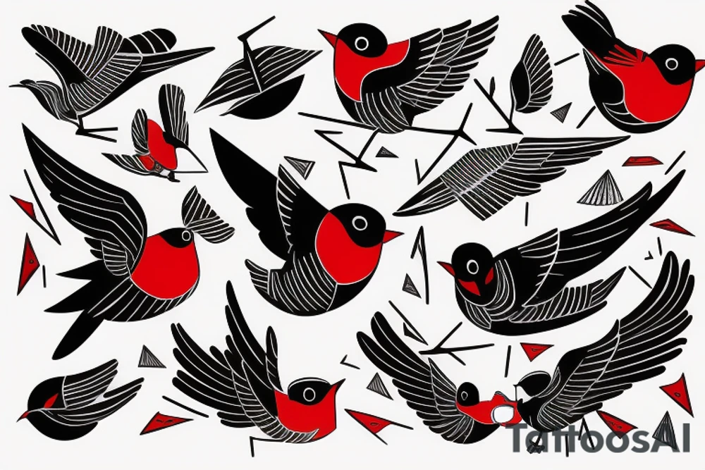 sketch geometric abstract style robin bird mid-flight with spread wings, dynamic, small amount of red accent tattoo idea