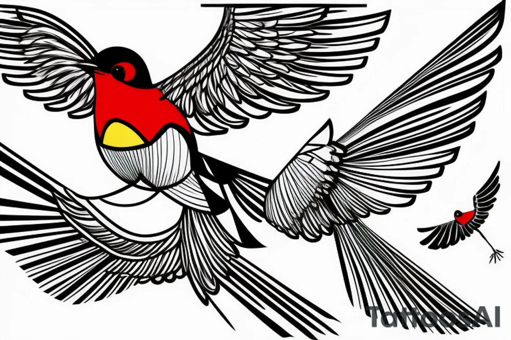 sketch geometric abstract style robin bird mid-flight with spread wings, dynamic, small amount of red accent tattoo idea