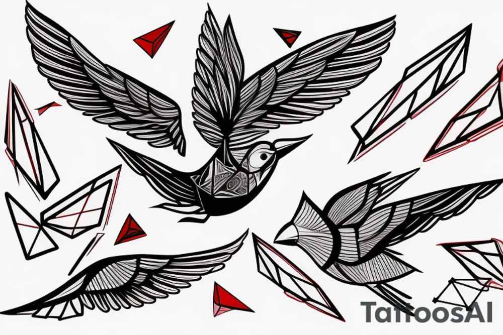 sketch geometric abstract style robin bird mid-flight with spread wings, dynamic, small amount of red accent tattoo idea
