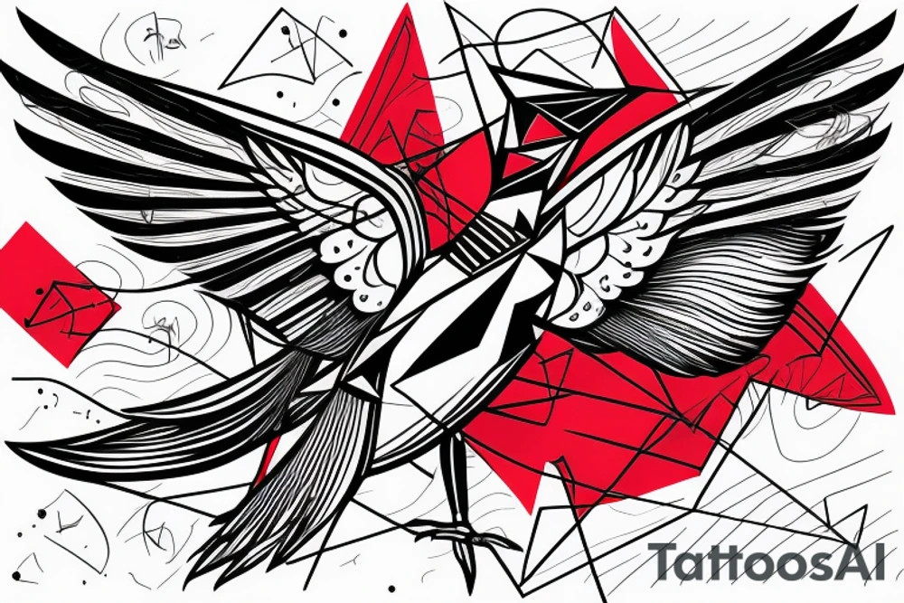 sketch geometric abstract style robin bird mid-flight with spread wings, dynamic, small amount of red accent tattoo idea