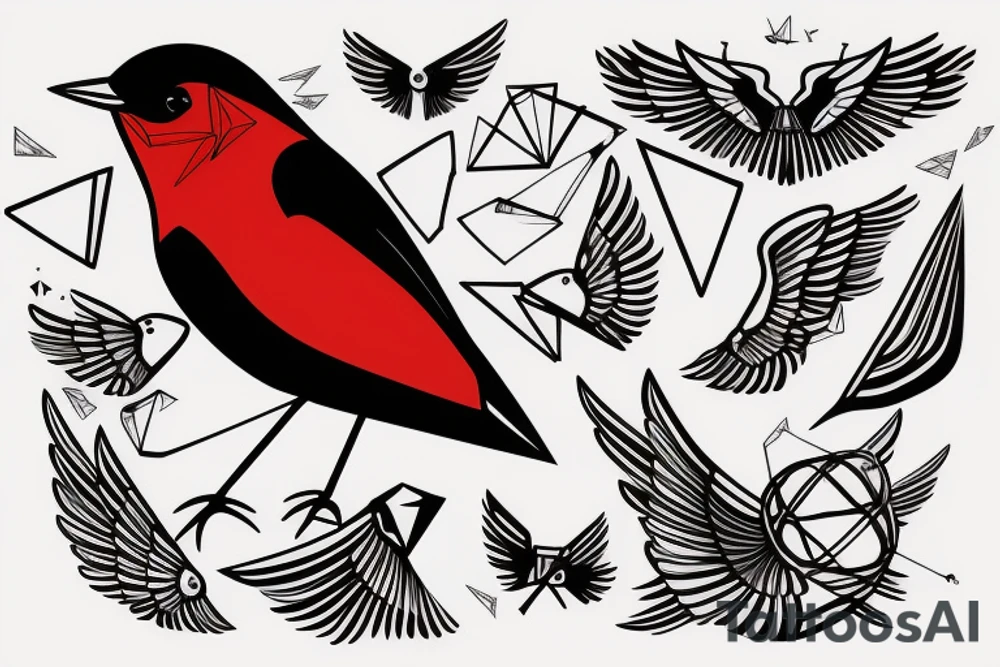 sketch geometric abstract style robin bird mid-flight with spread wings, dynamic, small amount of red accent tattoo idea