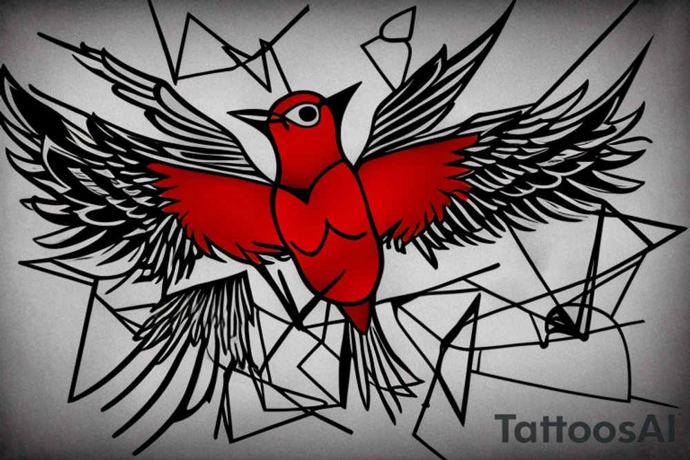sketch geometric abstract style robin bird mid-flight with spread wings, dynamic, small amount of red accent tattoo idea