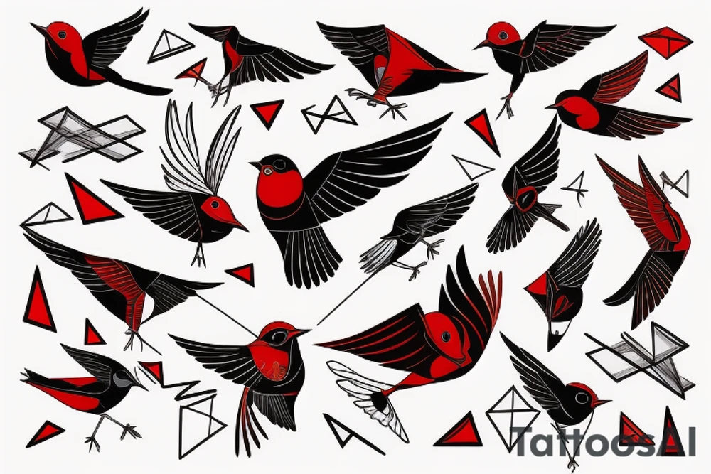 sketch geometric abstract style robin bird mid-flight with spread wings, dynamic, small amount of red accent tattoo idea