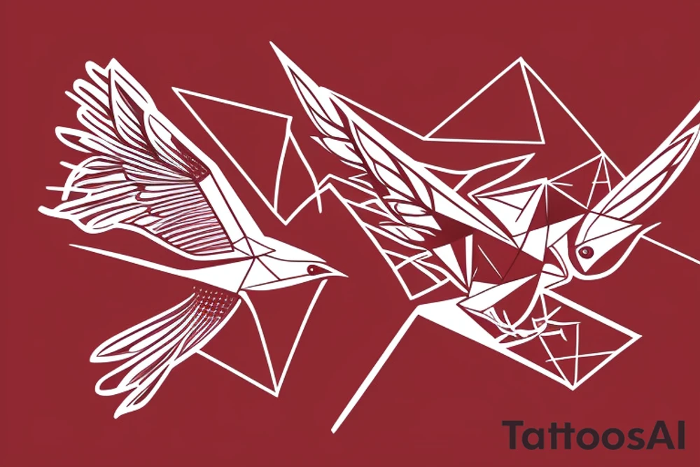 sketch geometric abstract style robin bird mid-flight with spread wings, dynamic, small amount of red accent tattoo idea